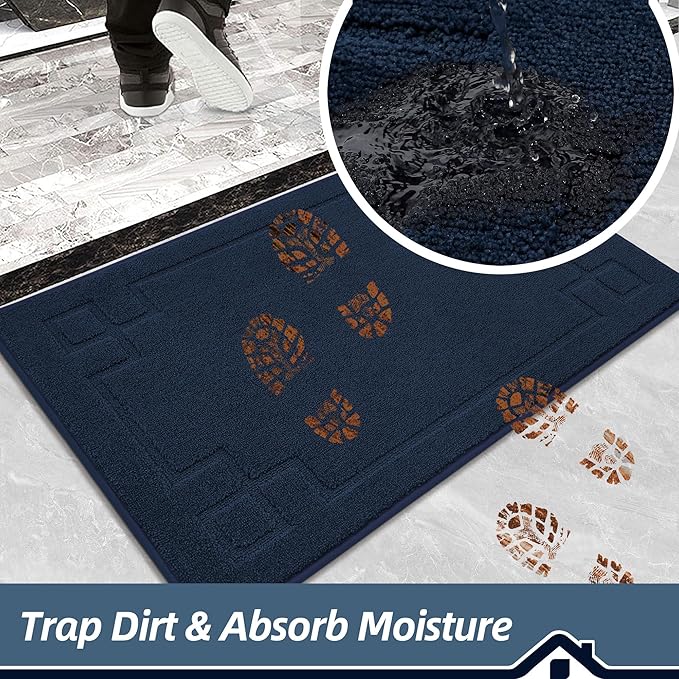BEQHAUSE Door Mat 24" x 36", Non-Slip Door Mats Indoor Entryway Rugs Washable Low-Profile Absorbent and Stain Resist Floor Mats, Dog Door Mat for Front Back Door, Muddy Wet Shoes & Paws, Navy Blue