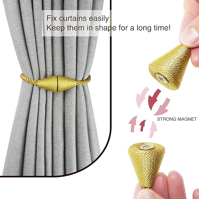6 Pack Magnetic Curtain Tiebacks Rope Modern Handmade Curtain Tie Backs Decorative Drapes Weave Holdbacks for Window Décor, Gold