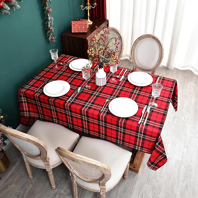 Waterproof Tartan Checkered Tablecloth Fabric - Rectangle 58x84 Inch Christmas Plaid Table Cloth for Indoor/Outdoor Use - Xmas Table Cover for Kitchen, BBQs, and Parties