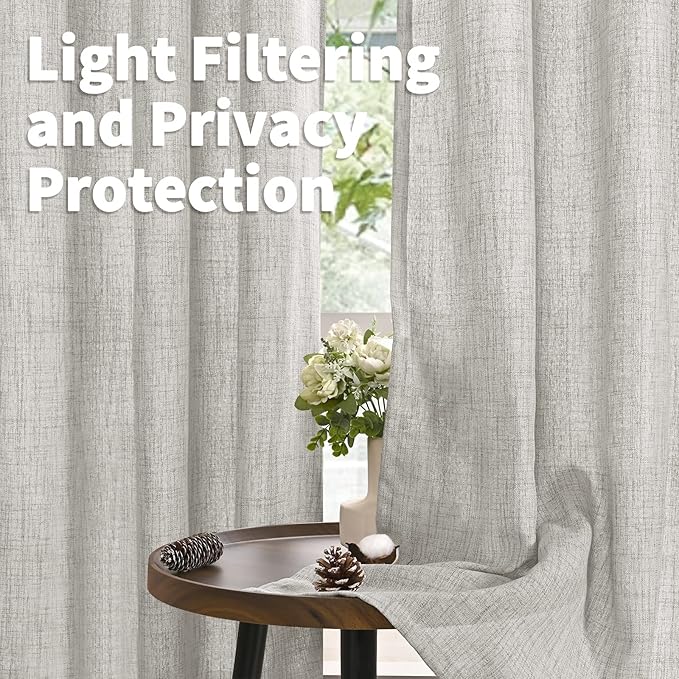 YoungsTex Light Grey Linen Curtains 63 Inches Length 2 Panels for Living Room - Textured Semi Sheer Drapes with Rod Pocket Back Tab Light Filtering for Bathroom Bedroom, 52 X 63 Inch