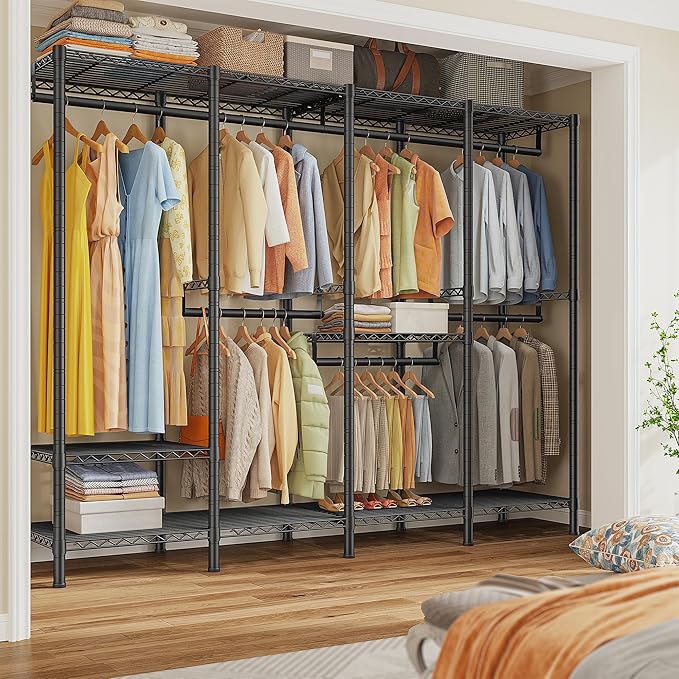 Raybee Clothes Rack Heavy Duty 1100 LBS Capacity Clothing Racks for Hanging Clothes Adjustable Garment Rack,17.7" D x 75.8" W x 76.9" H Black
