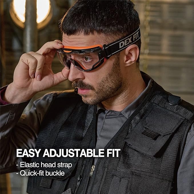 DEX FIT Protective Safety Goggles SG220; Anti Fog & Scratch, Z87 Eye Protection for Lab, Science, and Chemistry Work, Adjustable for Women and Men, (Black & Blue Frame, Clear Lens, 30cm Strap)