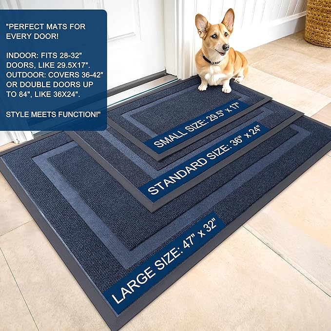 OLANLY Front Door Mat Indoor Outdoor Entrance, Waterproof All-Season, All-Weather Doormat, Sturdy Natural Rubber, Fade Resistant, Low Profile, Easy Clean Patio Porch Entryway Mat, 59x20, Blue