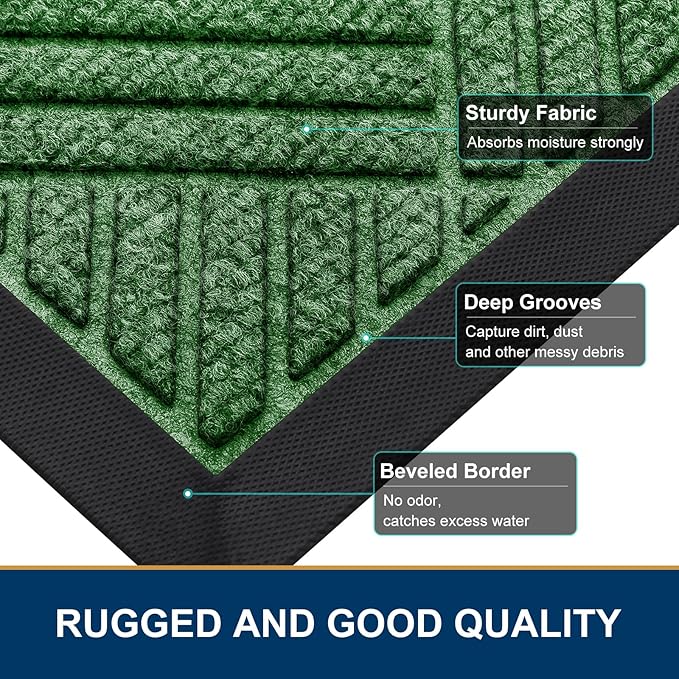 Smiry Front Door Mat Outside Entrance, Heavy Duty Outdoor Indoor Mat, Natural Rubber Doormat, Non Slip, Trap Dirt and Moisture, Easy Clean, Low Profile Patio Porch Entryway Mat, 35x23, Green