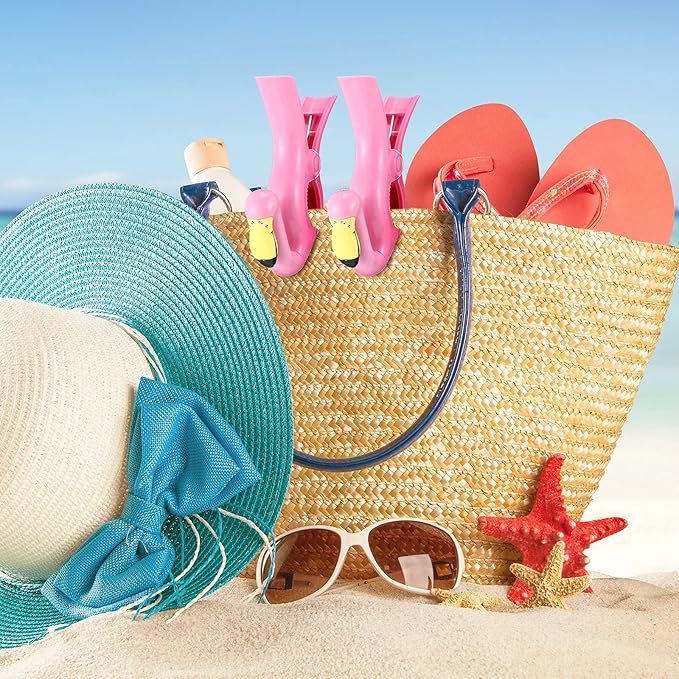4 Pieces Beach Towel Clip Jumbo Size Chair Clips Towel Holder Clothes Pegs Christmas Stocking Clamp for Cruise Patio Pool Holiday Vacations(Parrot, Flamingo,Blue, Pink)