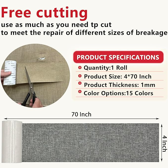 Linen Repair Tape 4x70 Inch Self-Adhesive Couch Patch Repair Fabric Patch for Furniture,Sofas,Cushion,Chairs,Bags,Linen Goods(Grey)