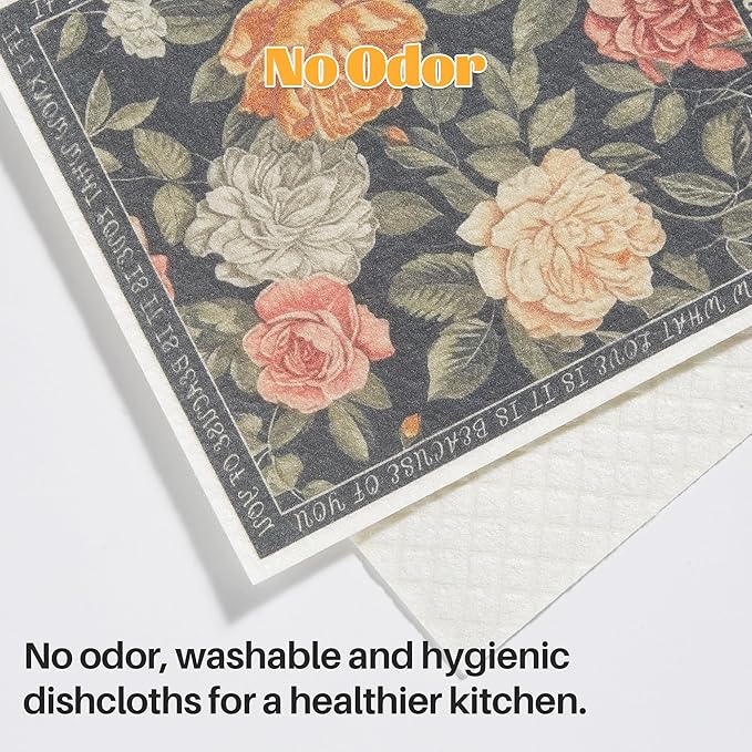 JOYMOOP 12 Pack Decorate Cleaning Cloth (Simple Floral of Decorative Series), Reusable Absorbent Dish Towels, Non-Scratch Washable Rags for Cookware, Kitchen and Household Cleaning - 6.7×7.9 inch