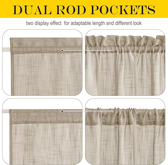 NICETOWN Sheer Back Door Curtain - Linen Textured Sidelight French Door Panel with Bonus Tieback, Semi Sheer Privacy with Light Filter Window Treatment (52" Wide x 40" Long, Taupe, 1 Panel)