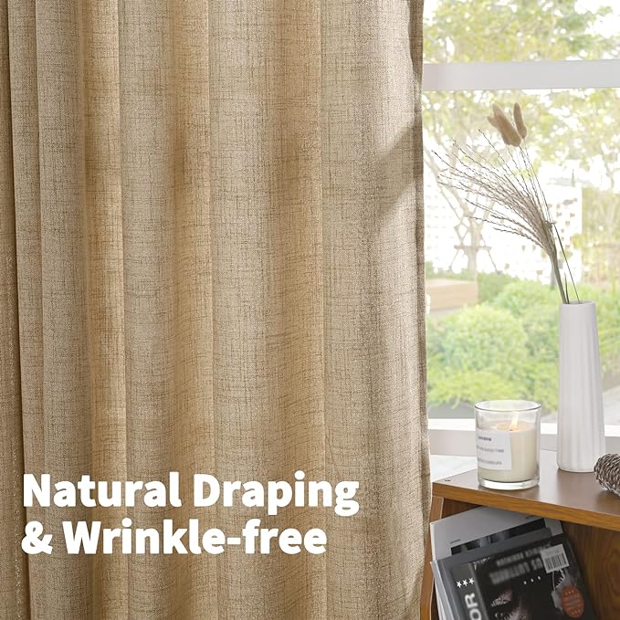 YoungsTex Toffee Linen Curtains 72 Inch Length for Living Room, Burlap Semi Sheer Drapes Light Filtering Tan Window Treatments for Farmhouse Bedroom Rod Pocket Back Tab, 42 X 72 Inch, 2 Panels