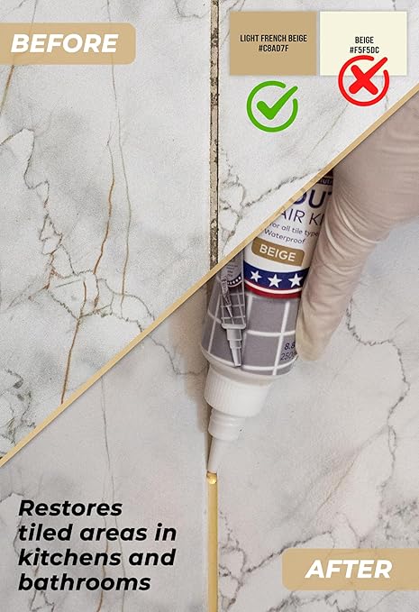 Tile Grout Repair Kit, Beige 8.8 oz/250gr. Fast Drying Grout Filler Tube Repair Kit, Grout Sealer Restore and Renewer for Bathroom Floor Tiles, Gaps, Joints, Lines