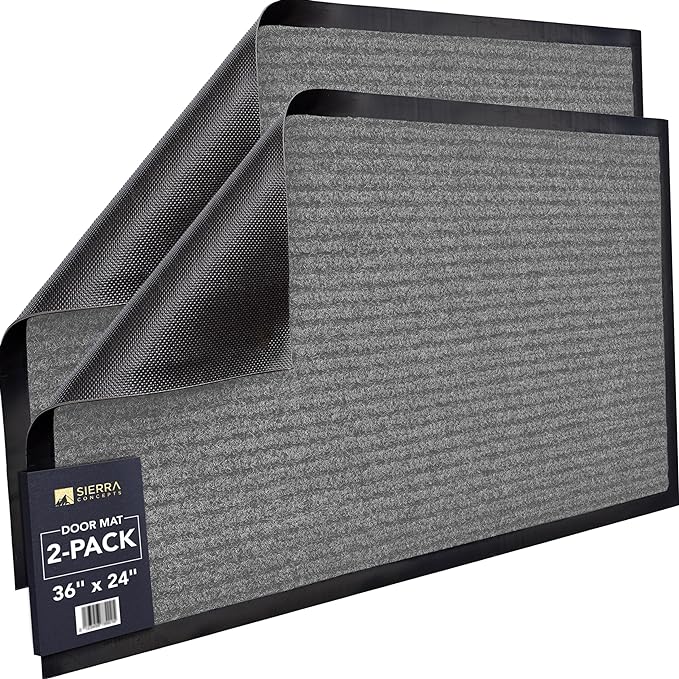 Sierra Concepts Front Door Mat Welcome Floor Mats - Entryway Indoor Outdoor Entrance Doormat, Patio, Porch, Muddy Shoe, Inside Outside Low Profile, Large 36x24 inches, 2-Pack Gray