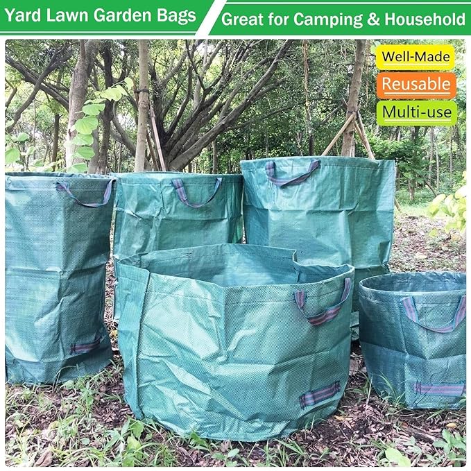 Standard 3-Pack 32 Gallons Yard Garden Bags (D18, H30 inches) with Gardening Gloves, Standable Reusable Leaf Bags,Plant Trimming Bag,Yard Waste Bags,Trash Container,Lawn Grass,Weeds Bag w/ 4 Handles