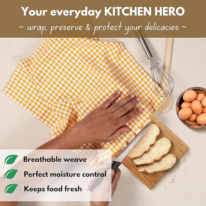 Native Fab 6 Pack Gingham Mini Check Kitchen Hand Towels Set - 100% Cotton Absorbent Reusable Washable 16"x26" - Quick Drying Dish Towels with Hanging Loops for Kitchen, Yellow White