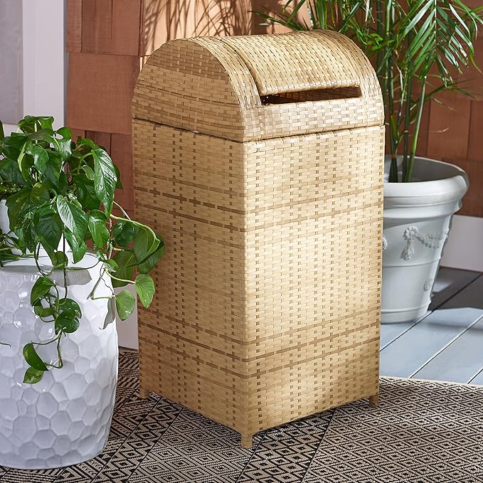 SAFAVIEH Outdoor Collection Mazeli Natural Woven Swing Top Dome Lid Trash Bin (Fully Assembled) PAT7511D