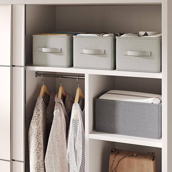 3 Pack Fabric Storage Bins for Shelves | 11.5x8.75x6.5in Closet Storage Baskets | Collapsible Storage Bins | Fabric Closet Organizers with Handles | Light Gray