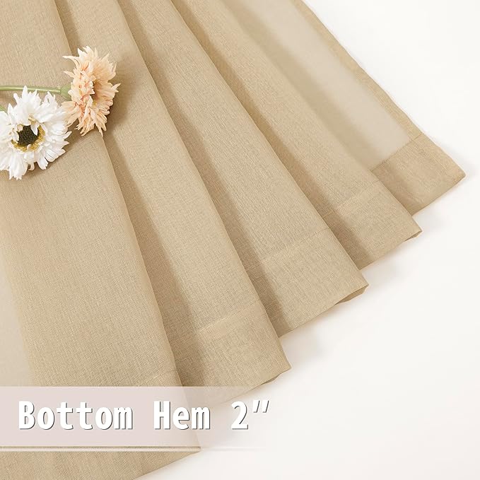 Tollpiz Small Sheer Curtain Linen Textured Curtain Sheers Doorway Light Filtering Voile French Door Rod Pocket Curtains Patio Glass Door, 25 x 40 inches Long, Beige, Set of 1 Panel