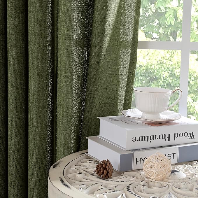 YoungsTex Olive Green Linen Curtains 63 Inch Length for Living Room, Rod Pocket Back Tab Light Filtering Drapes Semi Sheer Window Treatments for Bedroom Farmhouse, 2 Panels, 42 X 63 Inch