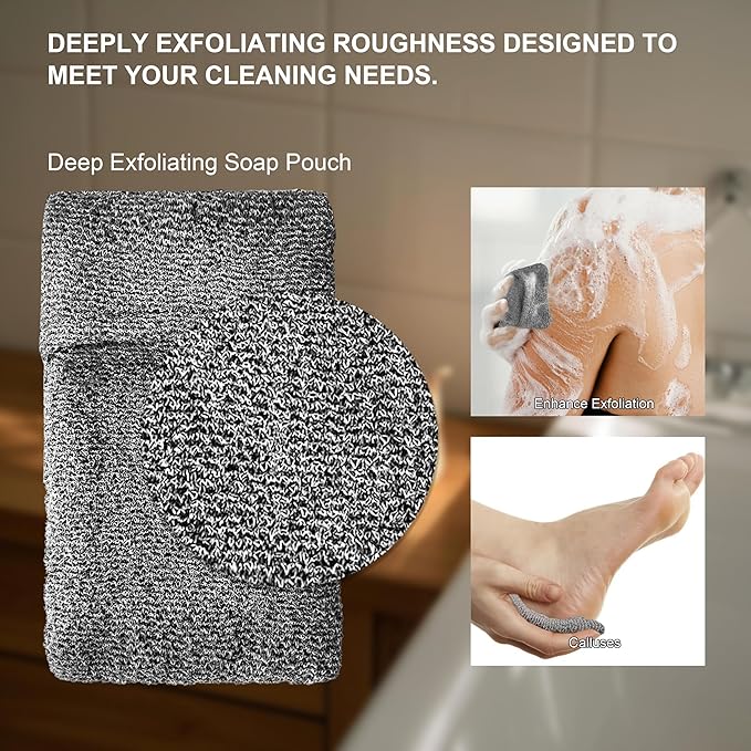 2 Pack Soap Bag Deep Roughness,Bar Soap Pouch Saver Pocket,Exfoliating Body Scrubber Shower Bath Sponge Loofah (Grey)
