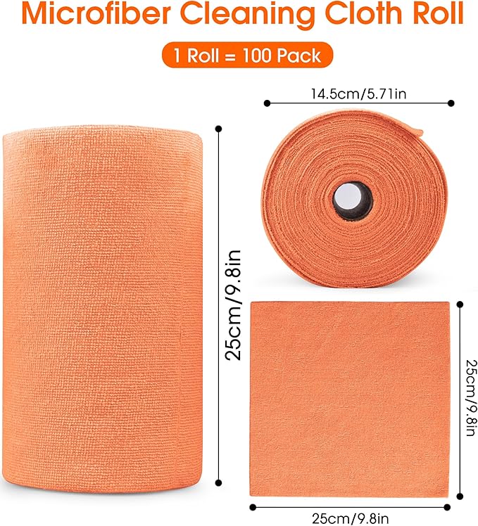 Roll of Microfiber Cleaning Cloth –100 Pack, Tear Away Microfiber Towels, Reusable, Washable, Scratch-Free, Cleaning Supplies,Kitchen Towels for Car, Home, Kitchen, Dishes(Honey Orange)