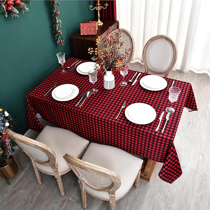 Gingham Xmas Tablecloth Fabric - Oblong 58x120 Water Resistant Christmas Plaid Table Cloth for Indoor/Outdoor Use - Red Tabletop Cover Perfect for Birthday, Picnics, Gardens
