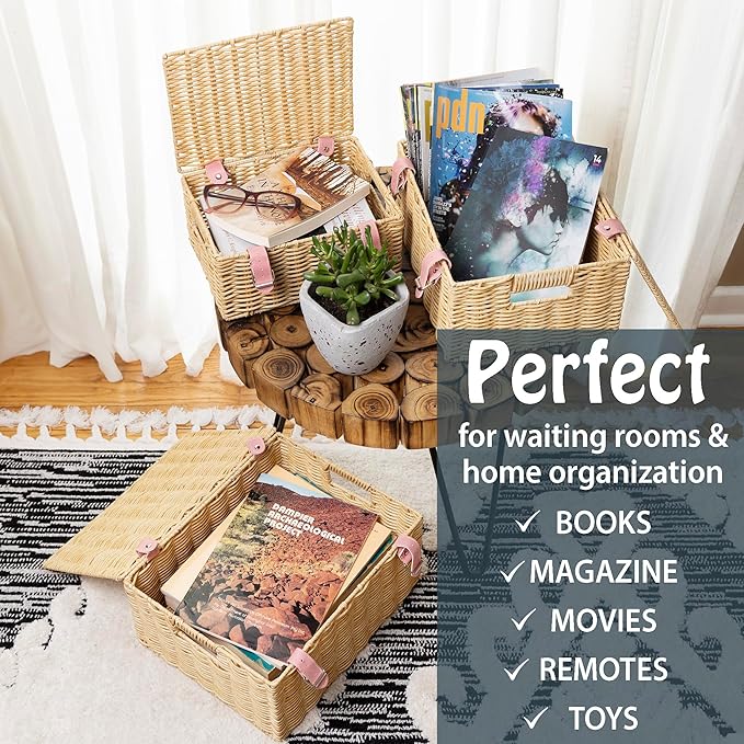 Wicker Storage Baskets with Lids – Set of 3 (Large, Medium, Small) for Organizing Clothes, Toys, Books – Stackable Basket with Lid for Bedroom, Nursery, and Home Decor