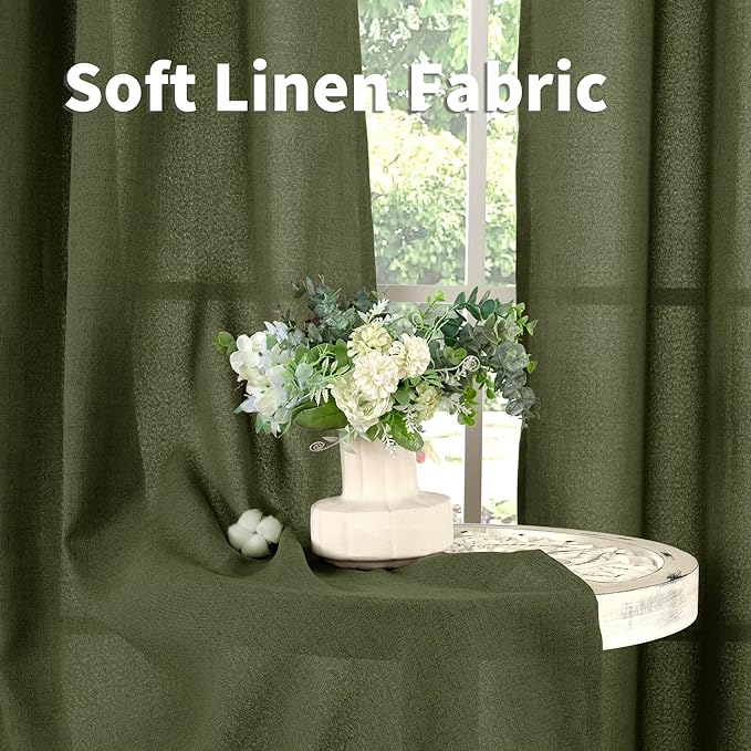 YoungsTex Olive Green Linen Curtains 80 Inch Length for Living Room, Semi Sheer Window Drapes with Rod Pocket Back Tab Light Filtering Decorative for Office Bedroom, 2 Panels, 52 X 80 Inch
