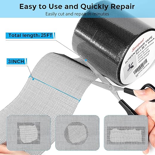 Black Window Screen Repair Tape, 3IN X 25FT (300IN) Screen Repair Kit for Windows or Doors, Strong Adhesive Patch Kit Fiberglass Mesh Tape