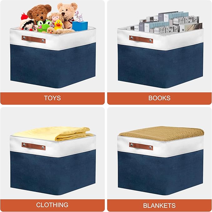 13in Open Fabric Storage Basket with Leather Handles for Organizing, Collapsible Linen Closet Bins for Shelves, Closets, Laundry, Decorative Basket for Gifts. (White＆Blue, 2PCS/13x13in)