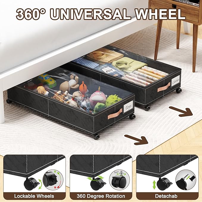 Under Bed Storage with Wheels, 2-Pack Under Bed Storage Containers with Clear Lids, XXL 65L Under the bed storage Organizer Bins, Rolling Under Bed Metal Drawer for Clothes,Shoes,Toys (Black, 2-Pack)