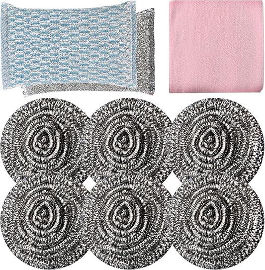 6pcs Stainless Steel Scrubber 2pcs Heavy Duty Scrub Sponges 1pcs Dish Clean Towel for Kitchens Bathroom and More