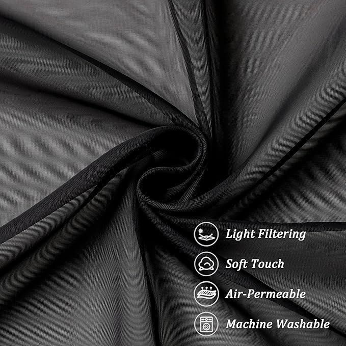 Chyhomenyc Black Sheer Curtains 84 Inch Length 2 Panels Set, Light Filtering Solid Elegant Rod Pocket Voile Window Drapes for Bedroom Living Room, Each 42Wx84L Inch, 2PCS, 7 Feet Long