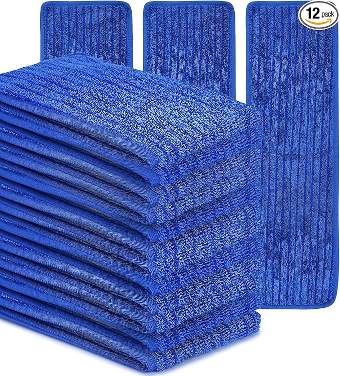 Matthew 18'' Microfiber Mop Replacement Pads for Wet Dry Reusable Mops Floor Home Commercial Cleaning Refills, Machine Washable Compatible with Bona Mop&Any Microfiber Flat Mop System Blue (12 Pack)