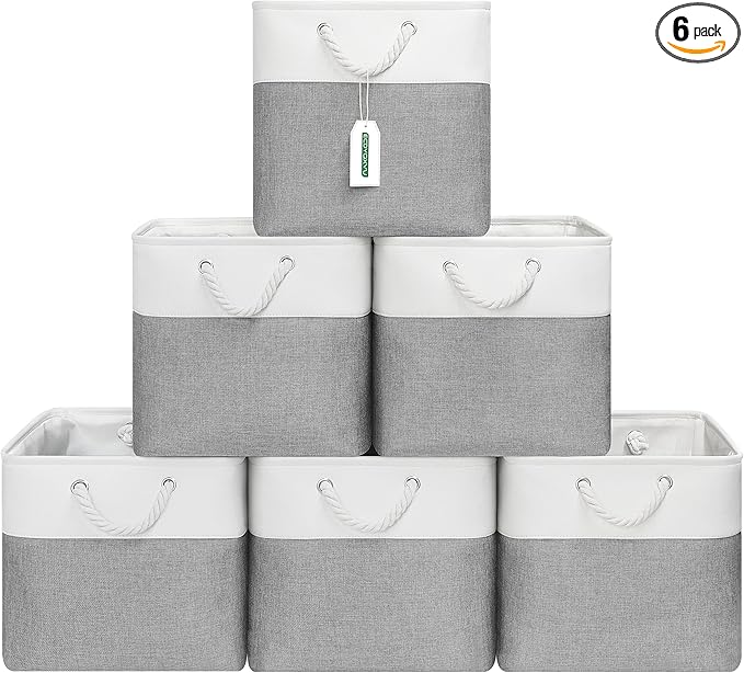 13x13 Inch Cube Storage Bins with Reinforced Bottom Cardboard, 6 Pack Large Collapsible Fabric Storage Cubes with Handles for Shelf, Closet, Toy, Laundry Organization (White&Gray)