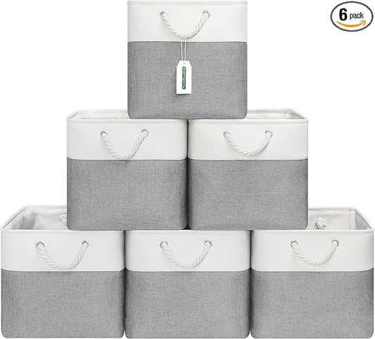 13x13 Inch Cube Storage Bins with Reinforced Bottom Cardboard, 6 Pack Large Collapsible Fabric Storage Cubes with Handles for Shelf, Closet, Toy, Laundry Organization (White&Gray)