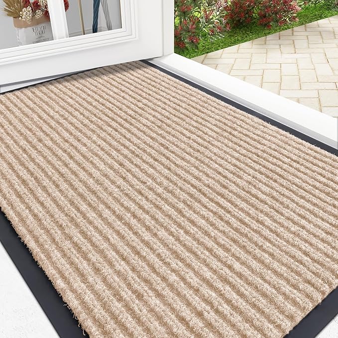 OLANLY Front Door Mat Indoor Outdoor Entrance, Waterproof Heavy Duty Doormat, Fade Resistant, Low Profile, Easy Clean Patio Porch Welcome Floor Mats for Entry, 35x23, Beige