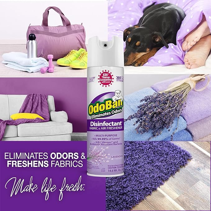 OdoBan Ready-to-Use Disinfectant and Harsh Aroma Eliminator, Cleaner and Fabric/Air Freshener, Set of 2, 14.6 Ounce 360-Degree Continuous Spray and 32 Ounce Trigger Spray, Lavender Scent