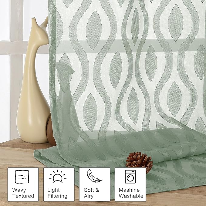 Aiyufeng Green Sheer Curtains 72 Inches Long 2 Panels Set, Lightweight Clip Jacquard Textured Sheer Privacy Curtains for Bedroom Living Room, Classic Wavy Line Design Door Curtains, 40" Wx72 L Inches