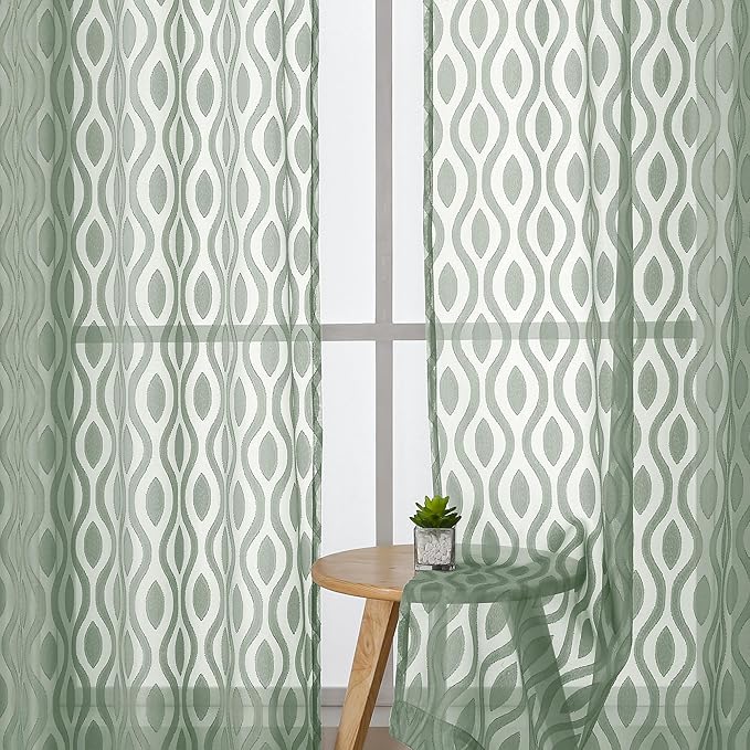Aiyufeng Green Sheer Curtains Tiers 36 Inch Length 2 Panels Set, Airy Lightweight Clip Jacquard Short Kitchen Window Curtains, Modern Wavy Line Textured Voile Sheer Curtain Panles, 40" Wx36 L Inches