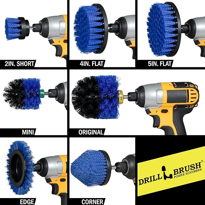 Drillbrush Stainless Steel Cleaning Brush Set, 21-Piece with Blue Medium Bristles, Edge & Cone Brush, Extension, Pads for Pool, Boat, Fish Tank, Aquarium