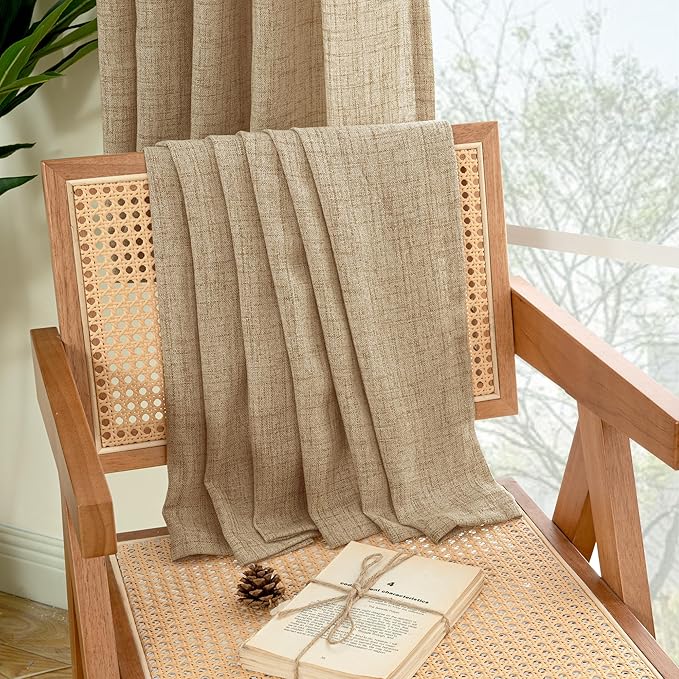 YoungsTex Toffee Linen Curtains 63 Inch Length for Short Living Room Window, Light Filtering Rod Pocket Burlap Textured Drapes for Bedroom Back Tab Rustic, 42 X 63 Inch, 2 Panels
