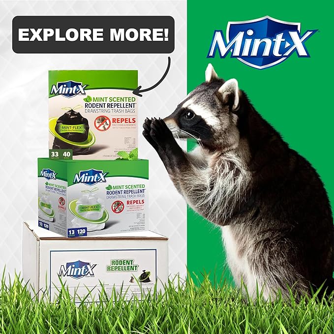 Mint-X Rodent Repellent Outdoor Home and Industrial Trash Bags with Drawstring & Mint-Flex Technology; 33 Gallon, 90 Count, Black