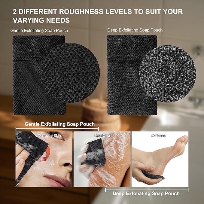 2 Pack Soap Bag Different Roughness Deep and Gentle,Bar Soap Pouch Saver Pocket,Body Scrubber Shower Sponge Loofah,Exfoliating Bath Sponge (Black)