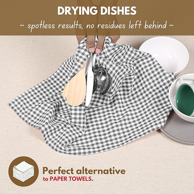 Native Fab 4 Pack Gingham Plaid Kitchen Towels 16"x26" - 100% Cotton Absorbent Washable Tea Towels, Kitchen Cloths, Restaurant Grade Dish Towel with Hanging Loop, Grey White