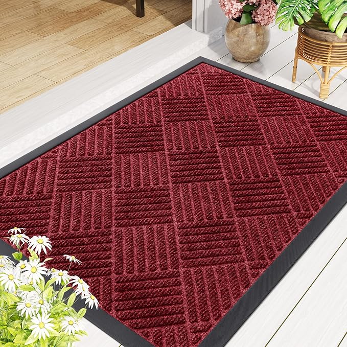 Smiry Front Door Mat Outside Entrance, Heavy Duty Outdoor Indoor Mat, Natural Rubber Doormat, Non Slip, Trap Dirt and Moisture, Easy Clean, Low Profile Patio Porch Entryway Mat, 47x23, Wine Red