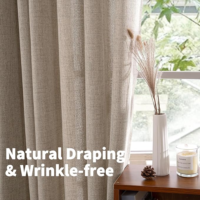 YoungsTex Dark Oatmeal Linen Curtains 63 Inch Length for Living Room, Semi Sheer Light Filtering Window Drapes Extra Wide Rod Pocket Back Tab Curtain for Bedroom, 2 Panels, 60 X 63 Inch