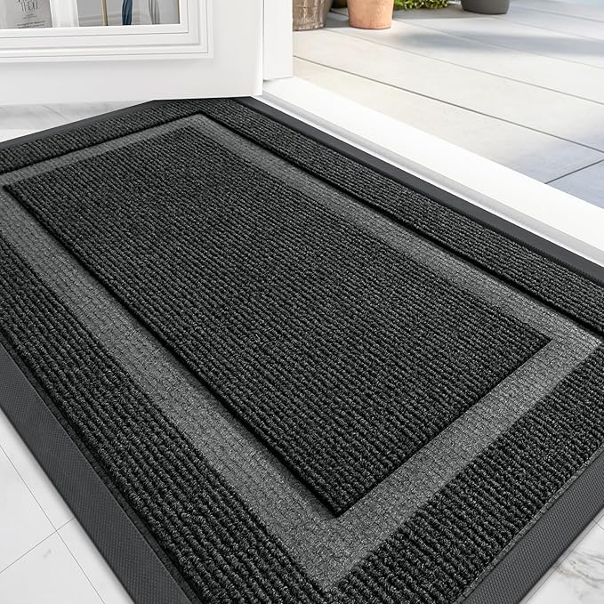 OLANLY Front Door Mat Indoor Outdoor Entrance, Waterproof All-Season, All-Weather Doormat, Sturdy Natural Rubber, Fade Resistant, Low Profile, Easy Clean Patio Porch Entryway Mat, 36x24, Black