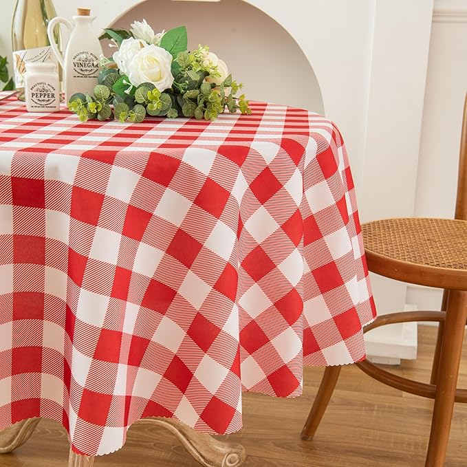 Waterproof Plaid Tablecloth Fabric - Round 50 Inch Classic Gingham Checker Table Cloth for Indoor/Outdoor Use - Buffalo Table Cover for Picnics, BBQs, and Parties