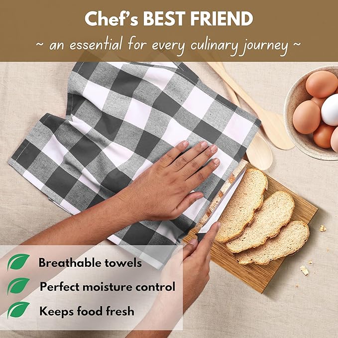 Native Fab 12-Pack Kitchen Towel with Hanging Loop 16x26 inches, Cotton Buffalo Check Kitchen Towels for Cleaning Drying, Washcloths Soft & Absorbent Cloth Rags, Bar Towel, Dish Cloth, Grey