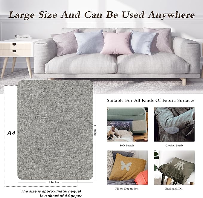 KING MOUNTAIN Fine Linen Fabric Patches, Self-Adhesive, 8x11 inch, 2 PCS, Multi Color, For Linen Sofa and Clothes Repair (Medium Grey, 8" x 11" - 2PCS)