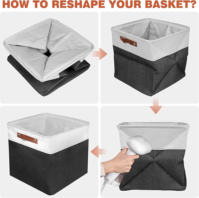 13in Open Fabric Storage Basket with Leather Handles for Organizing, Collapsible Linen Closet Bins for Shelves, Closets, Laundry, Decorative Basket for Gifts. (White＆Black, 2PCS/13x13in)